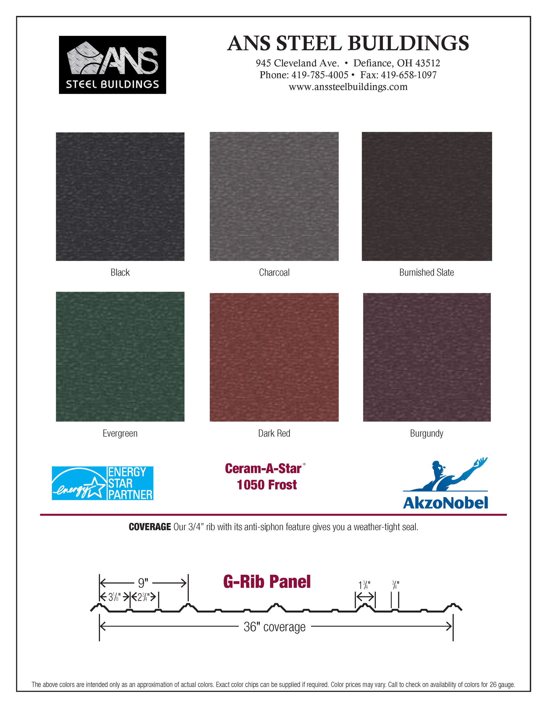 ANS Steel Buildings Ceram-A-Star 1050 Frost textured color chart