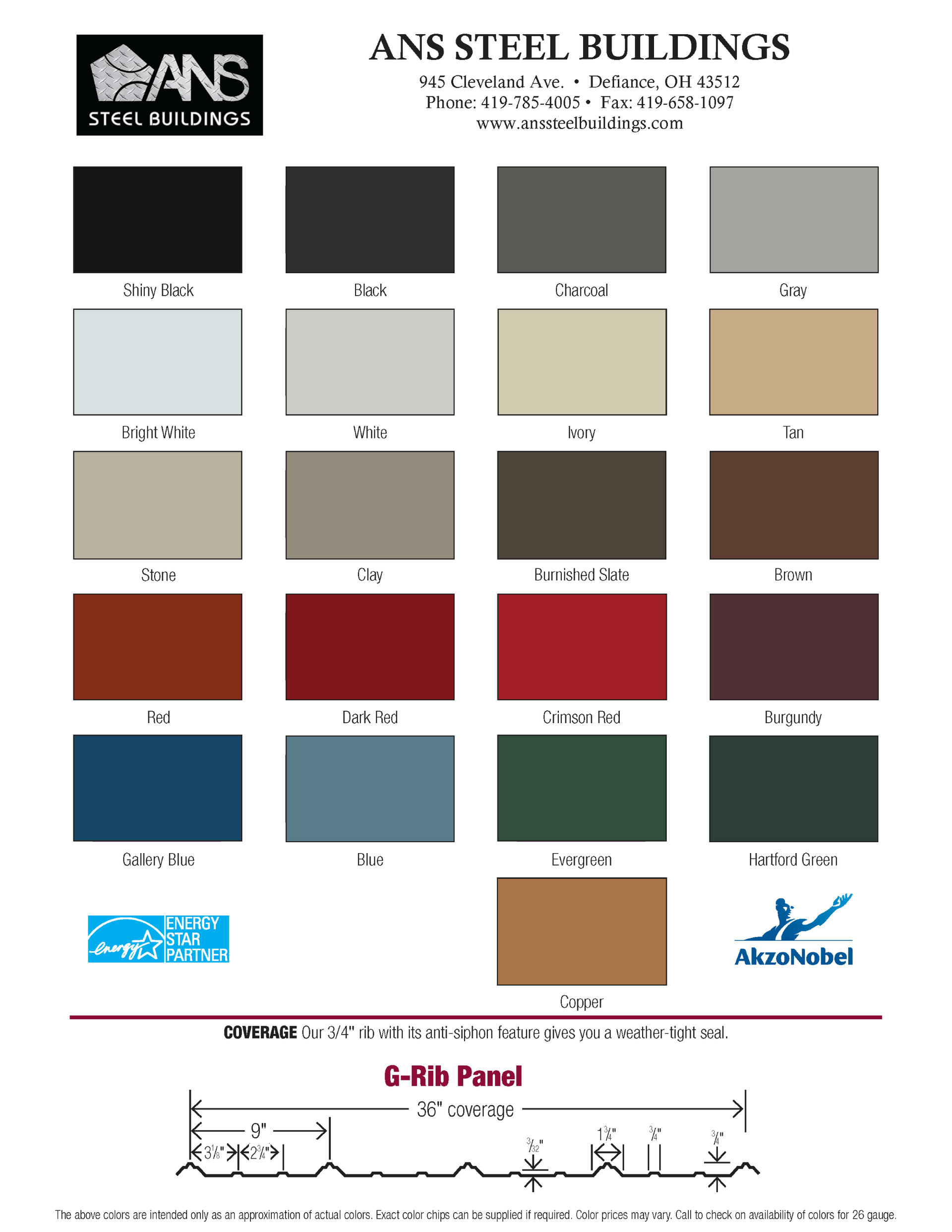 ANS Steel Buildings standard color chart — 22 colors